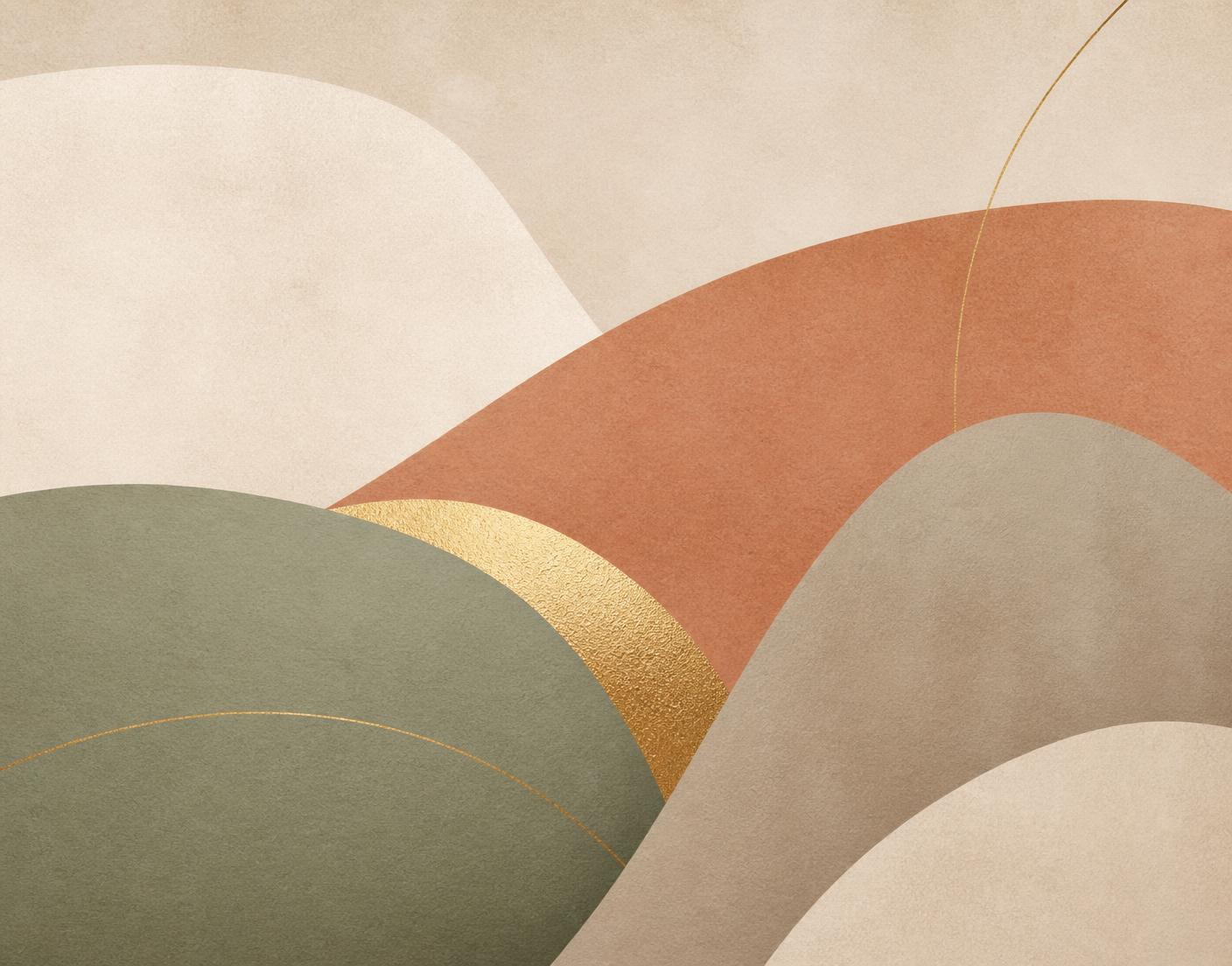 Abstract composition of layered organic shapes in cream, terracotta, and sage